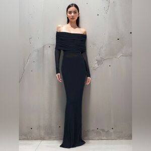 Overfold Off-Shoulder Mesh Long Sleeve Long‎ Dress